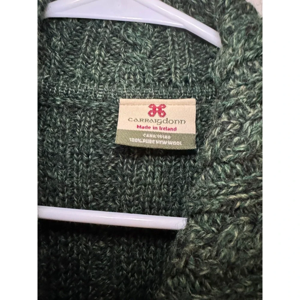 Carraig Donn Irish Wool Cardigan Green Cable Knit Aran Sweater Made in Ireland